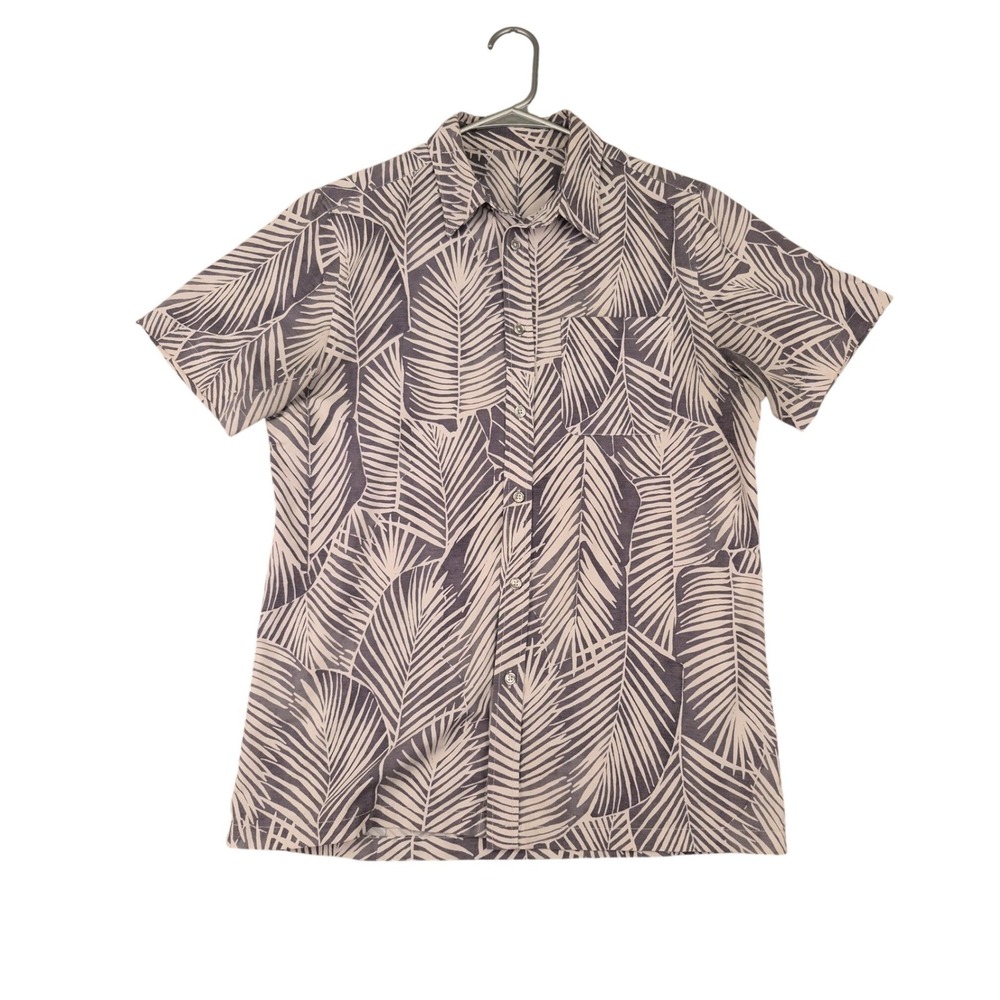 Vuori Mens Leaf Print Short Sleeve Button Down Medium Shirt Grey Beige V184